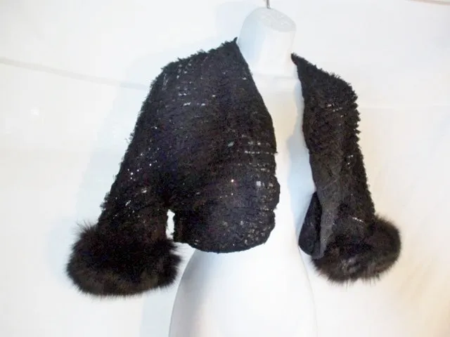 ANNE DEE GOLDIN NEW YORK BOLERO Jacket Ruffle Lace M BLACK RABBIT FUR