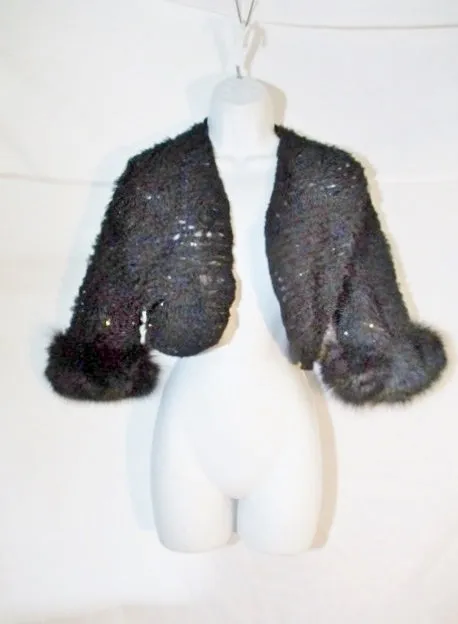 ANNE DEE GOLDIN NEW YORK BOLERO Jacket Ruffle Lace M BLACK RABBIT FUR