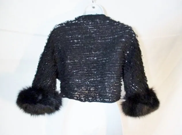 ANNE DEE GOLDIN NEW YORK BOLERO Jacket Ruffle Lace M BLACK RABBIT FUR