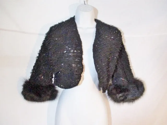 ANNE DEE GOLDIN NEW YORK BOLERO Jacket Ruffle Lace M BLACK RABBIT FUR