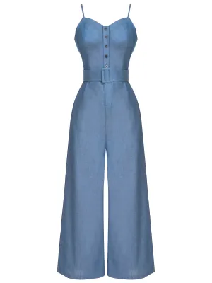 Blue 1930s Cowboy Solid Strap Jumpsuit