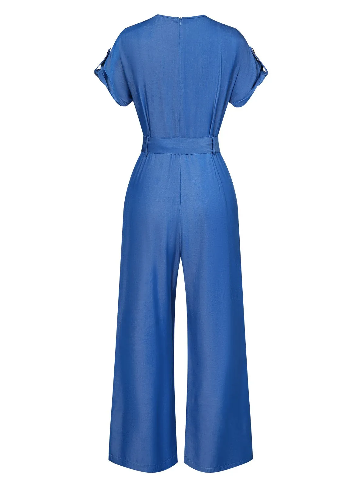 Blue 1970s V-Neck Solid Jumpsuit