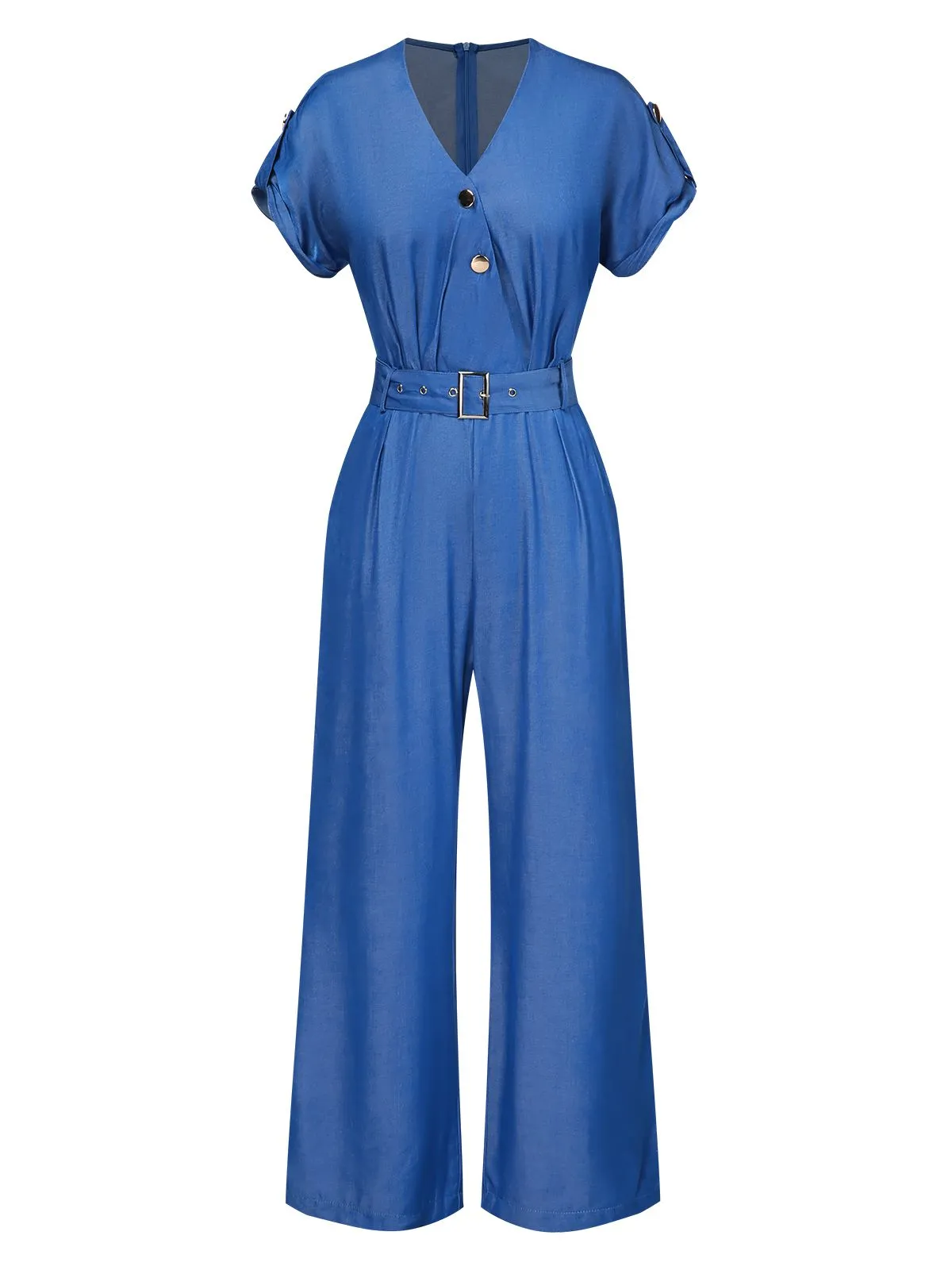 Blue 1970s V-Neck Solid Jumpsuit