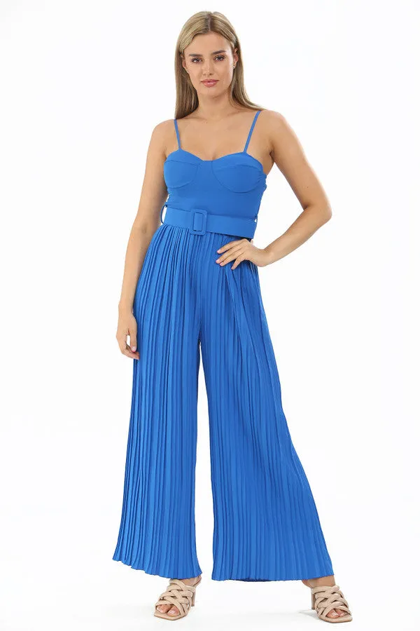 Blue Pleated Flare Wide Leg Corset Jumpsuit