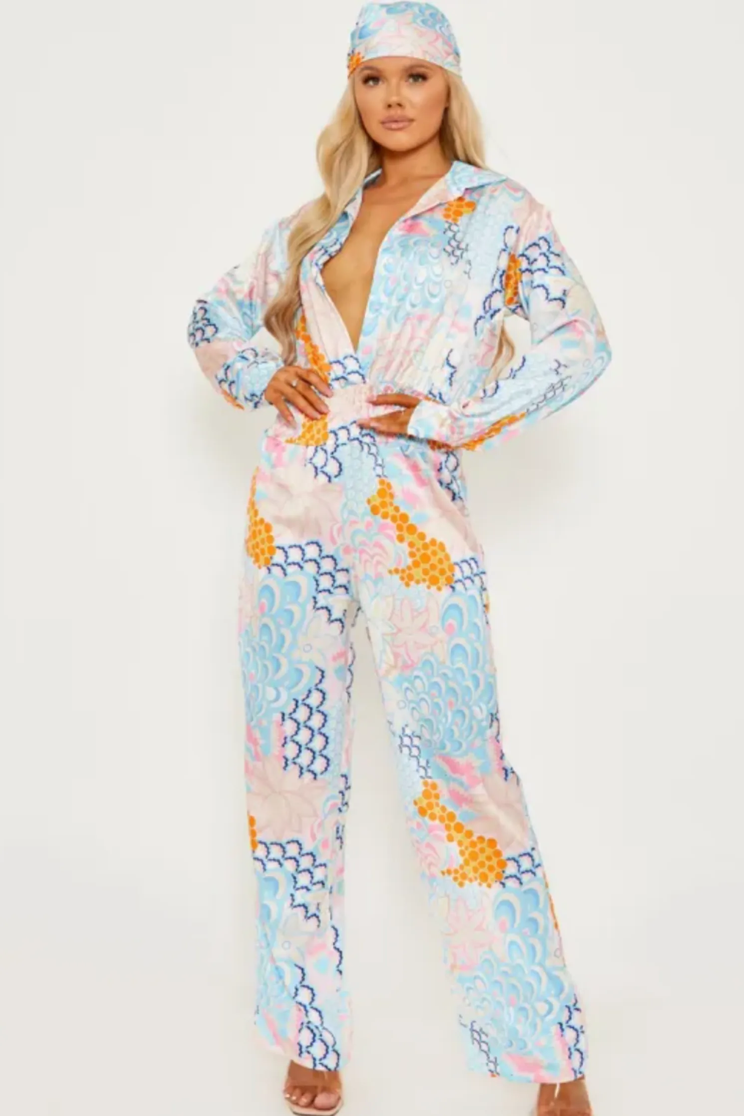 Blue Satin Flower Print Wide Leg Jumpsuit