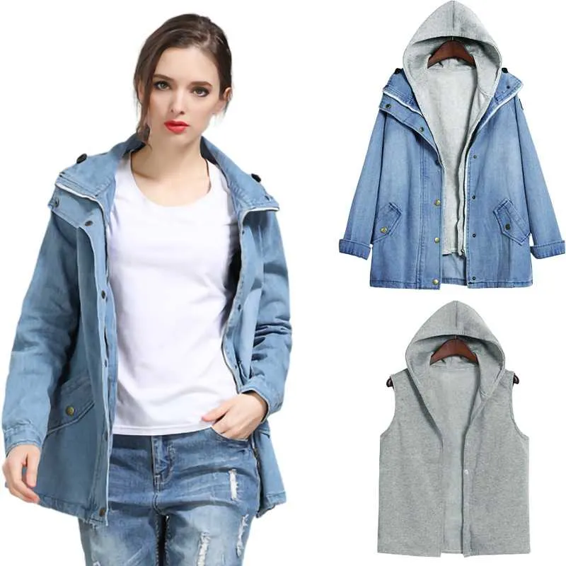 Casual Hooded Vest Two Piece Trench Button Up Denim Windbreaker