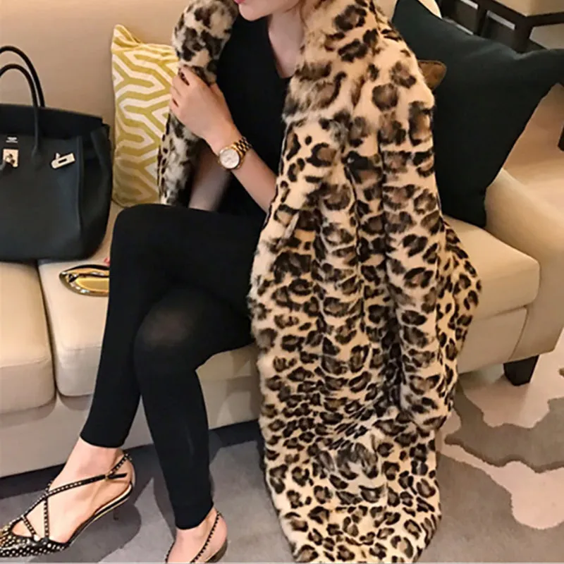 Classic Chic Star Style Leopard Faux Fur Coat Women Long Thick Warm Jackets Fluffy Overcoats Outerwear