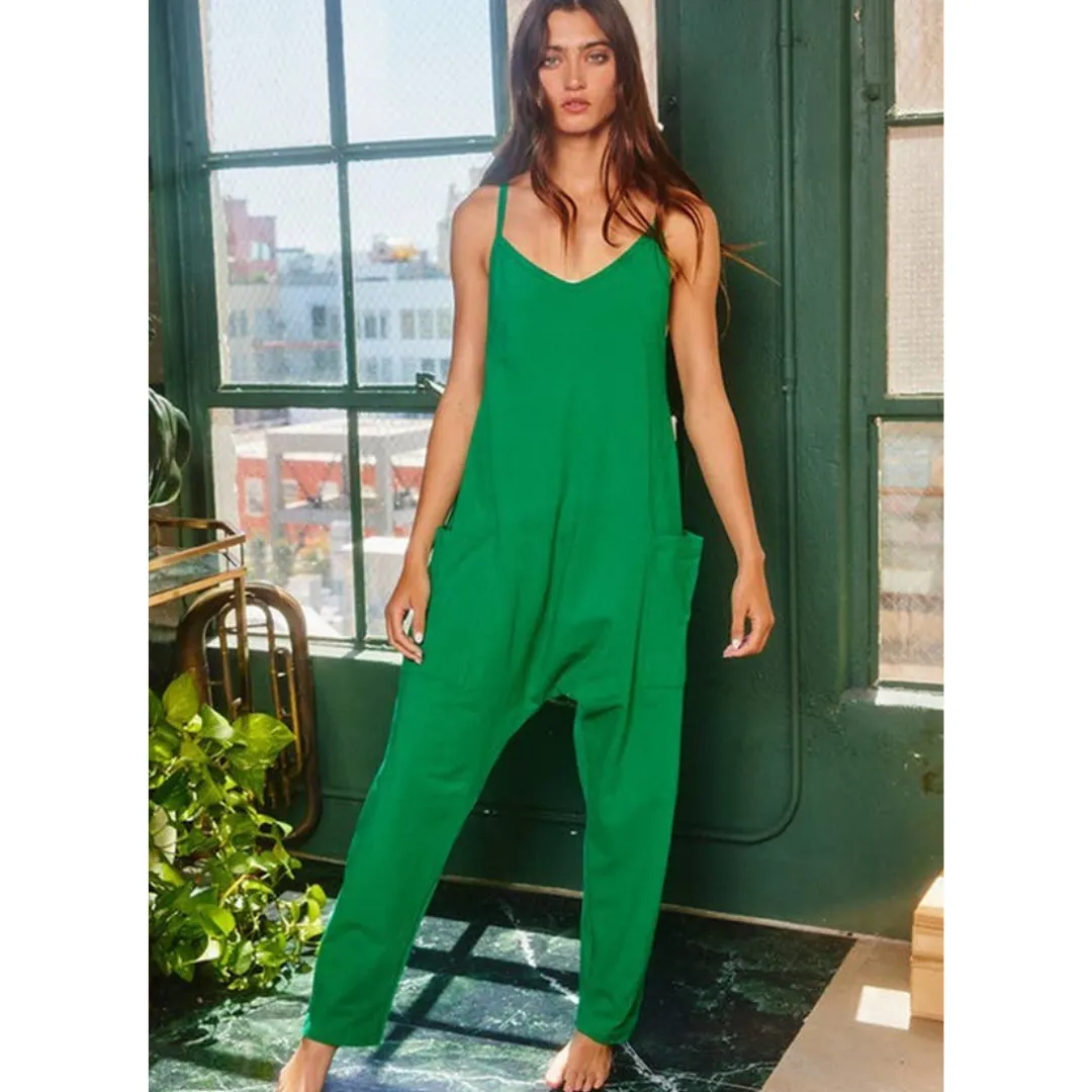 Drop Crotch V-neck Solid Jersey Jumpsuit - Kelly Green