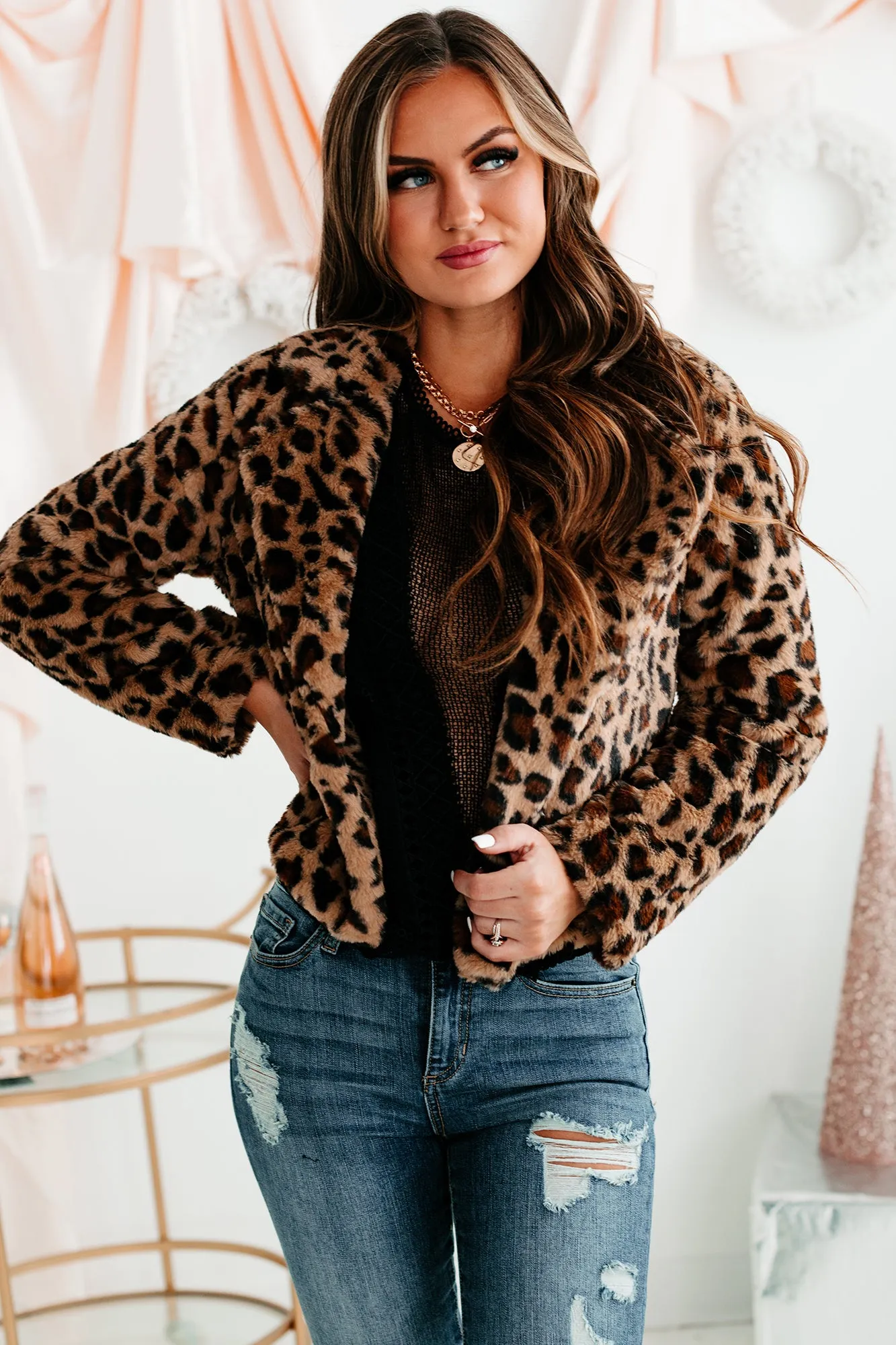 Fancy Feels Leopard Print Faux Fur Jacket (Brown)