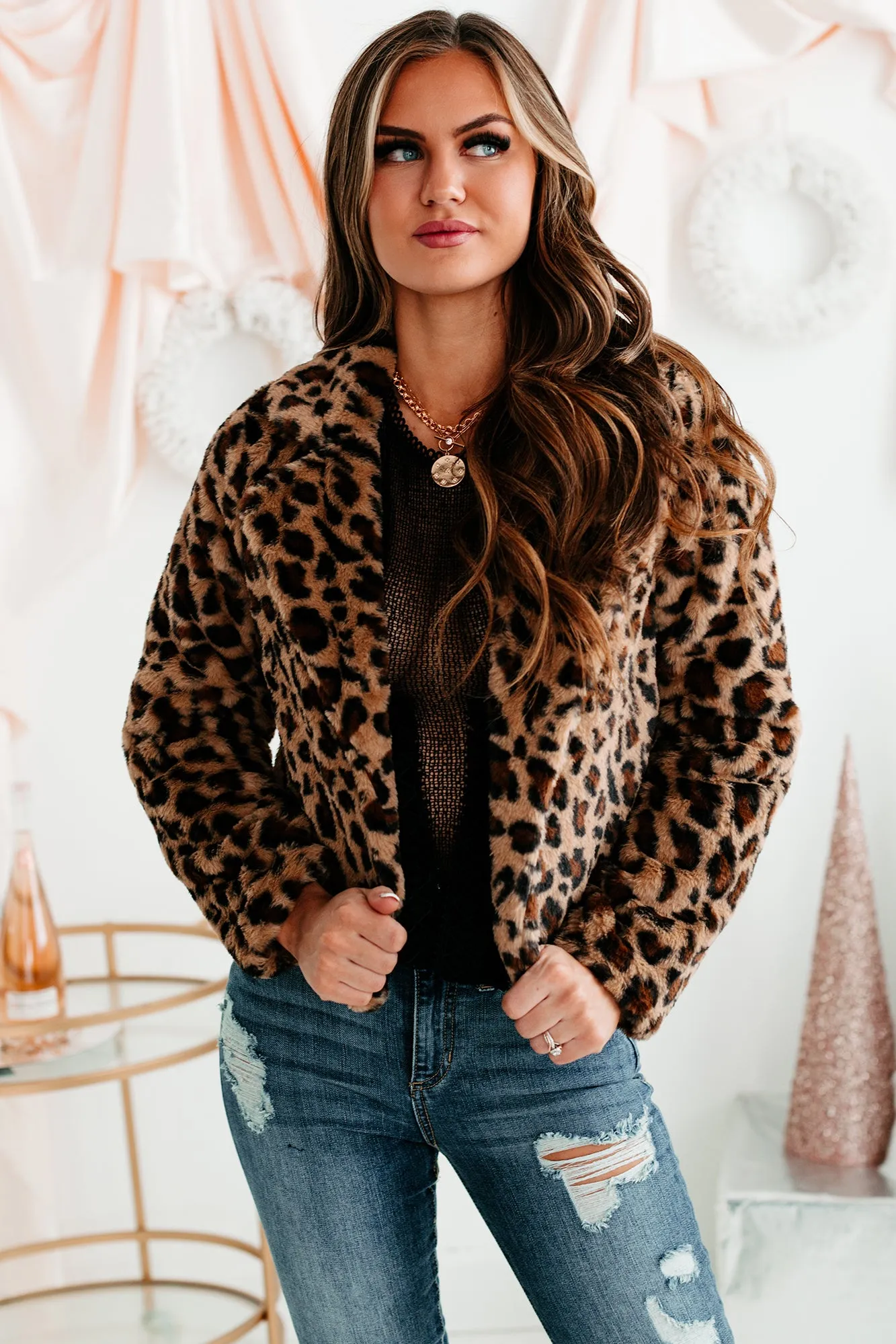 Fancy Feels Leopard Print Faux Fur Jacket (Brown)