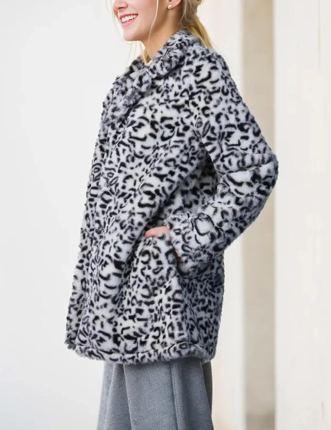 Faux Fur Beige Leopard Animal Print Long Sleeve Winter Coat