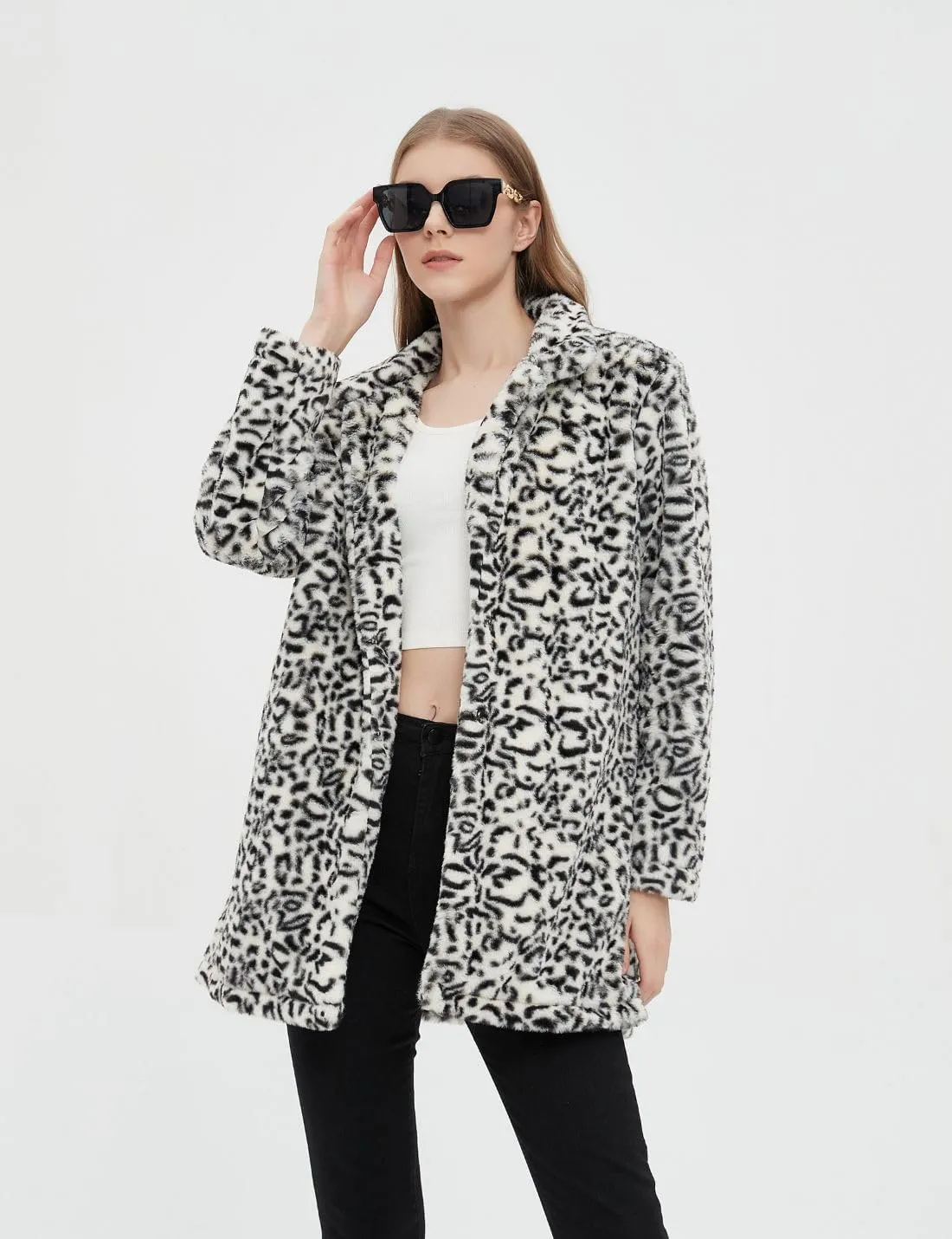 Faux Fur Beige Leopard Animal Print Long Sleeve Winter Coat