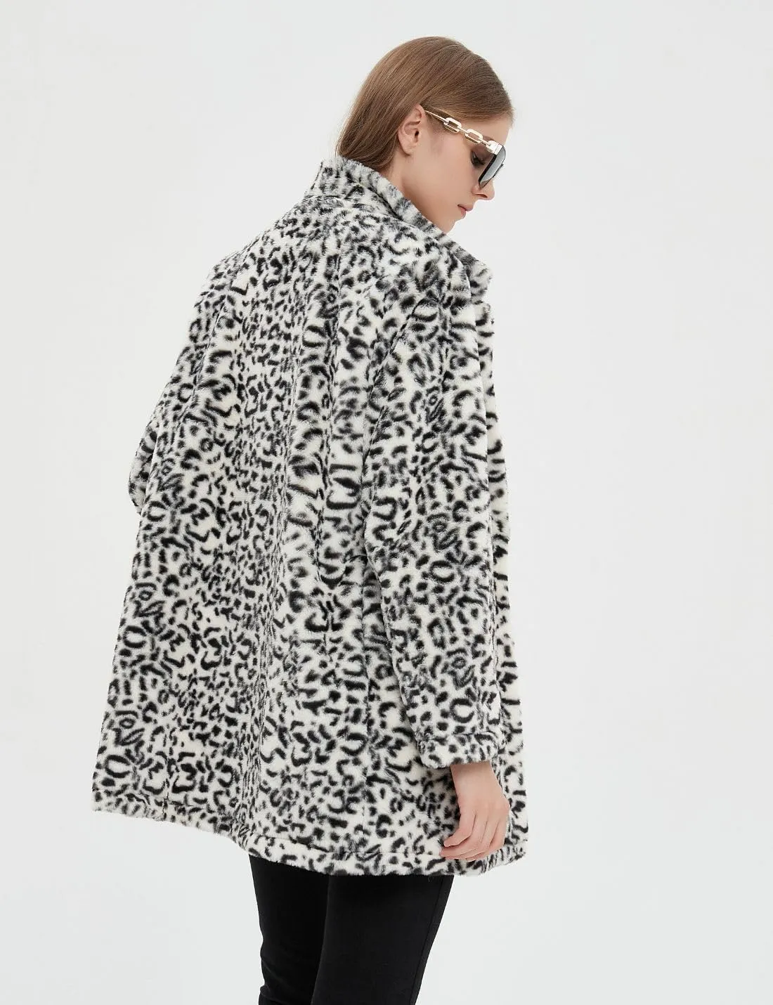 Faux Fur Beige Leopard Animal Print Long Sleeve Winter Coat