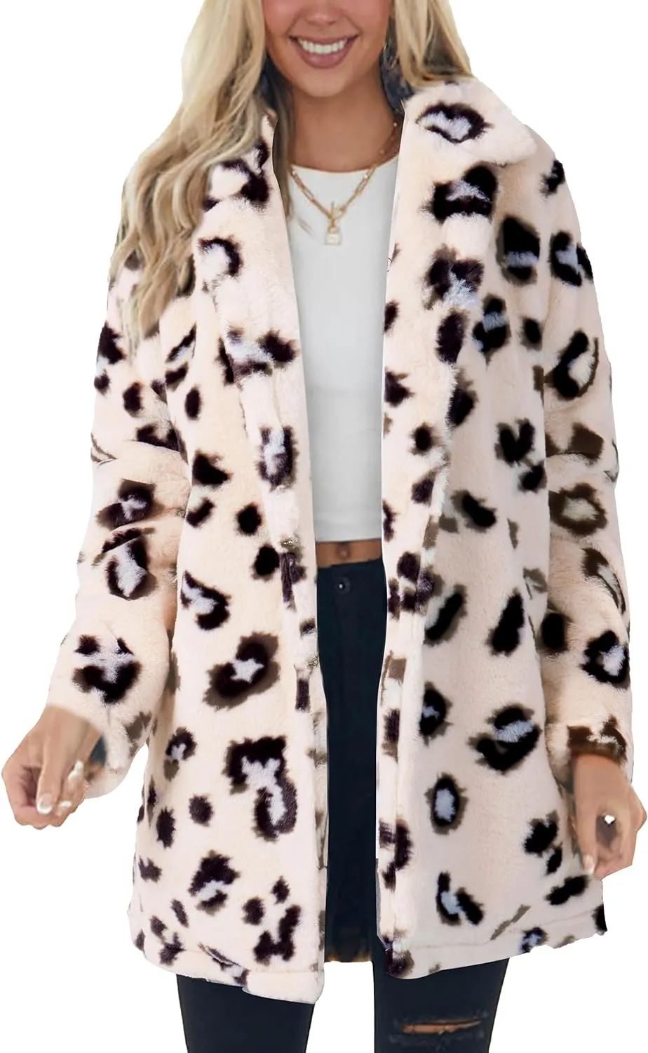 Faux Fur Beige Leopard Animal Print Long Sleeve Winter Coat