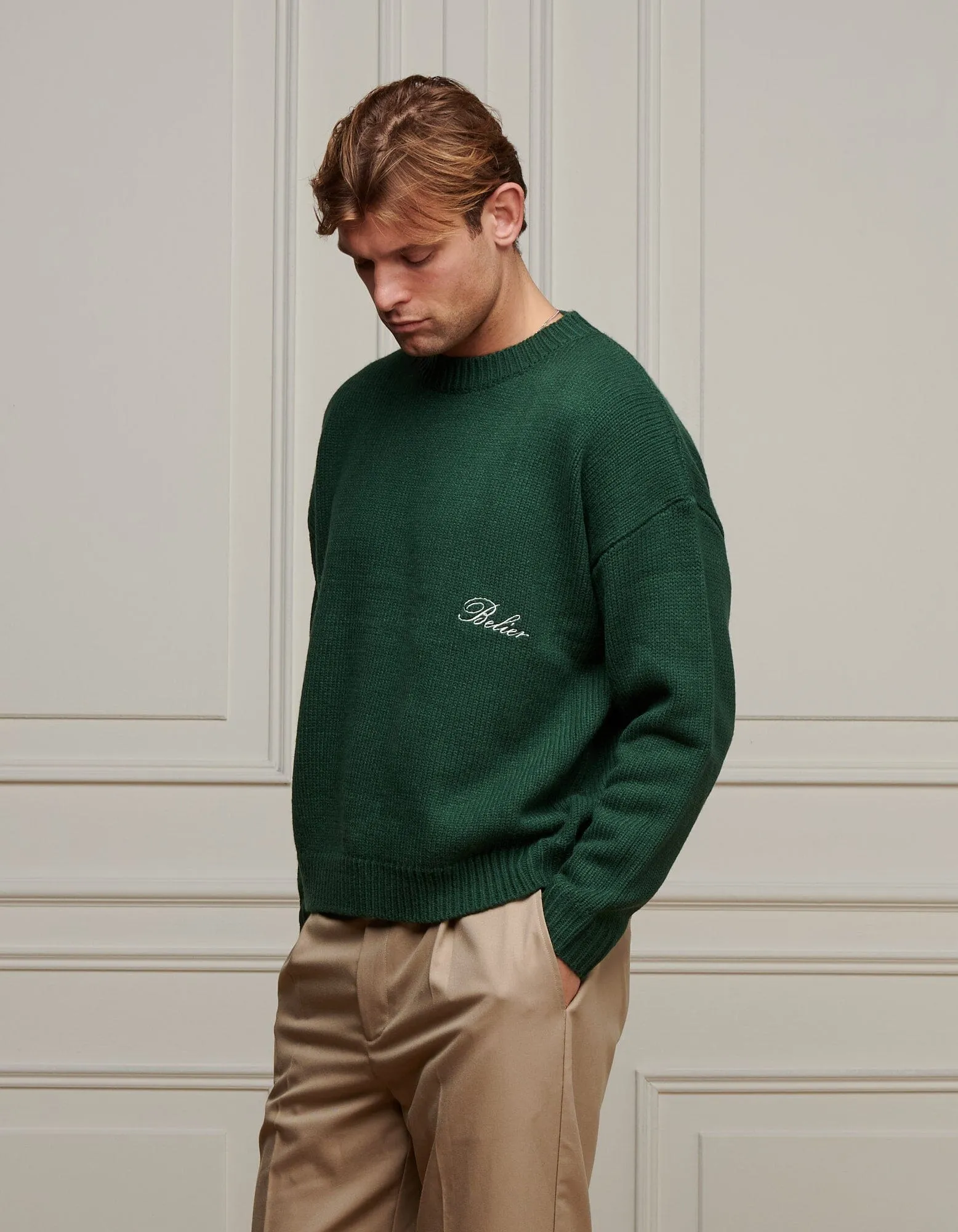 Green Boxy Fit Knitted Crewneck Jumper