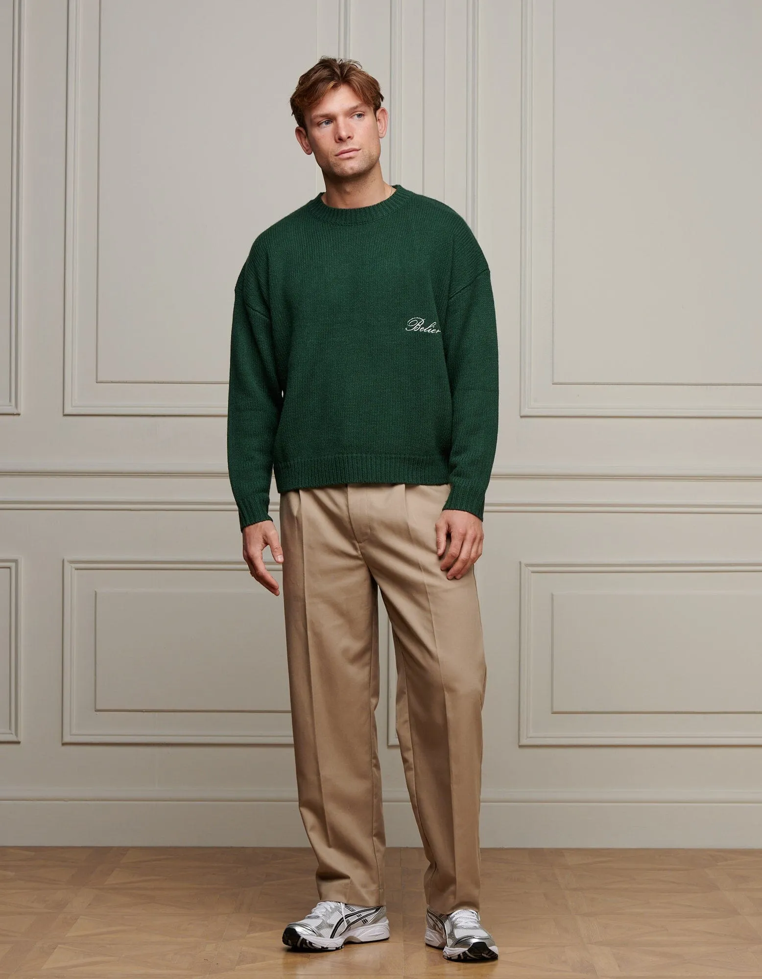 Green Boxy Fit Knitted Crewneck Jumper