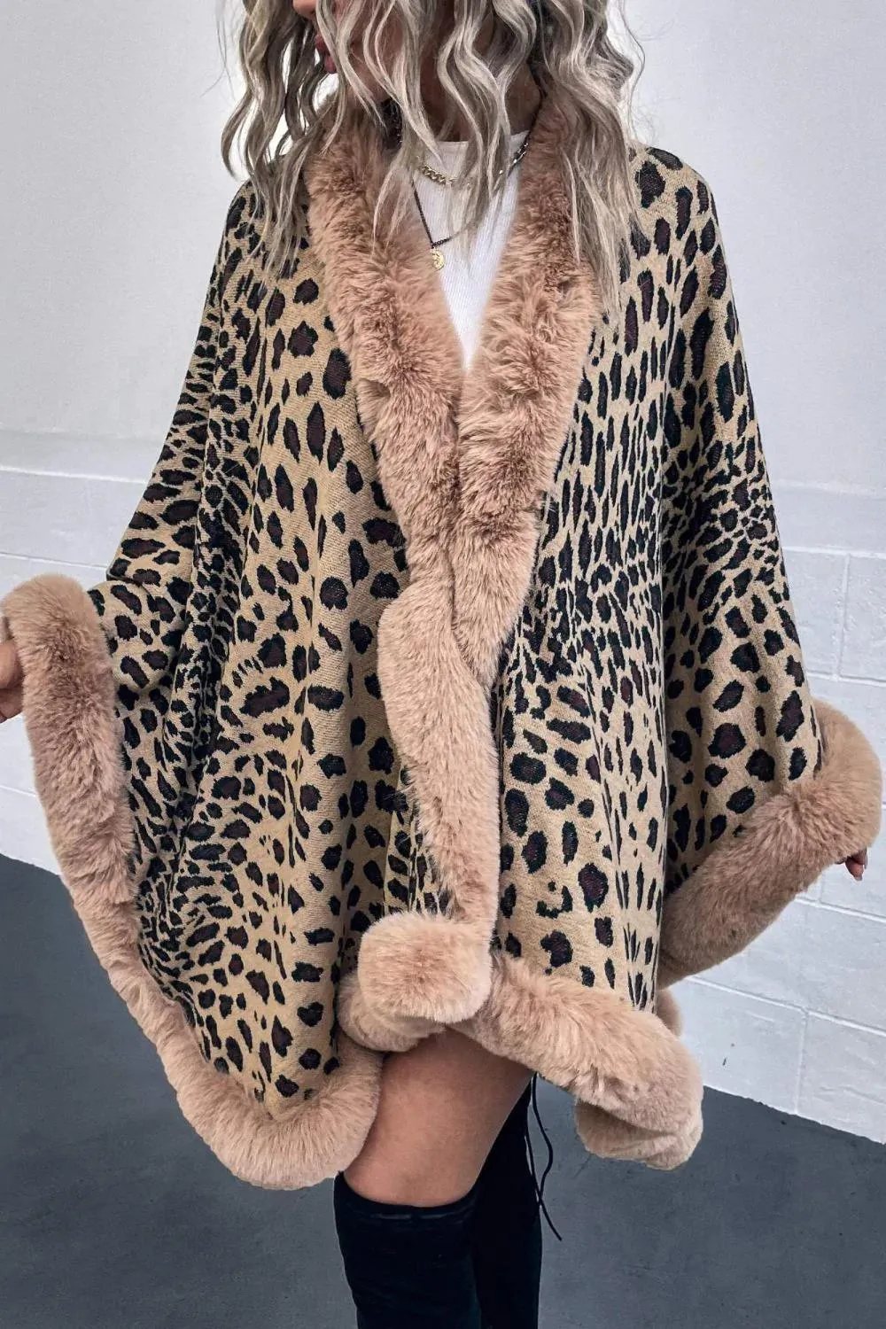 Leopard Print Fur Collar Cape Cardigan