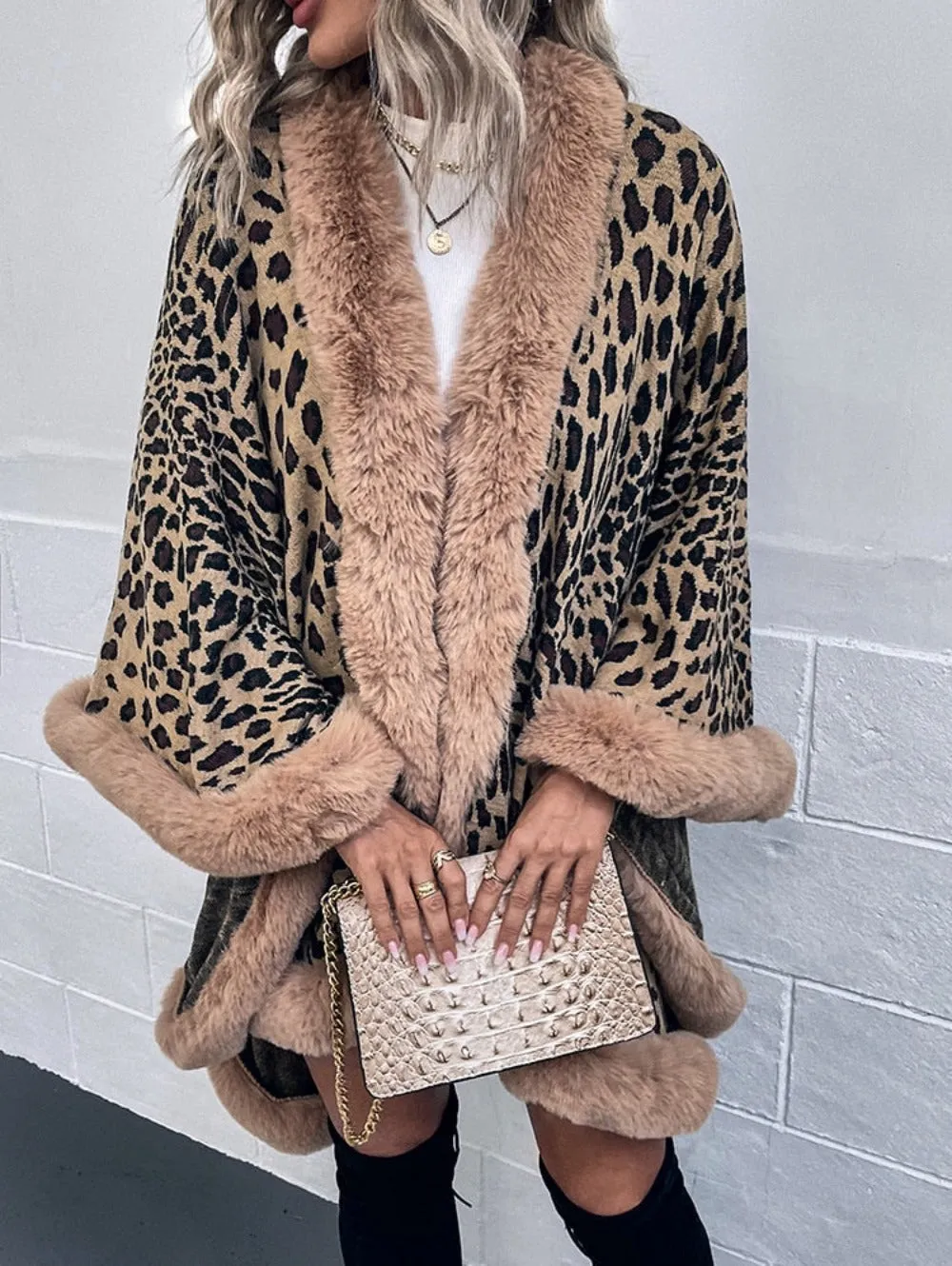 Leopard Print Fur Collar Cape Cardigan