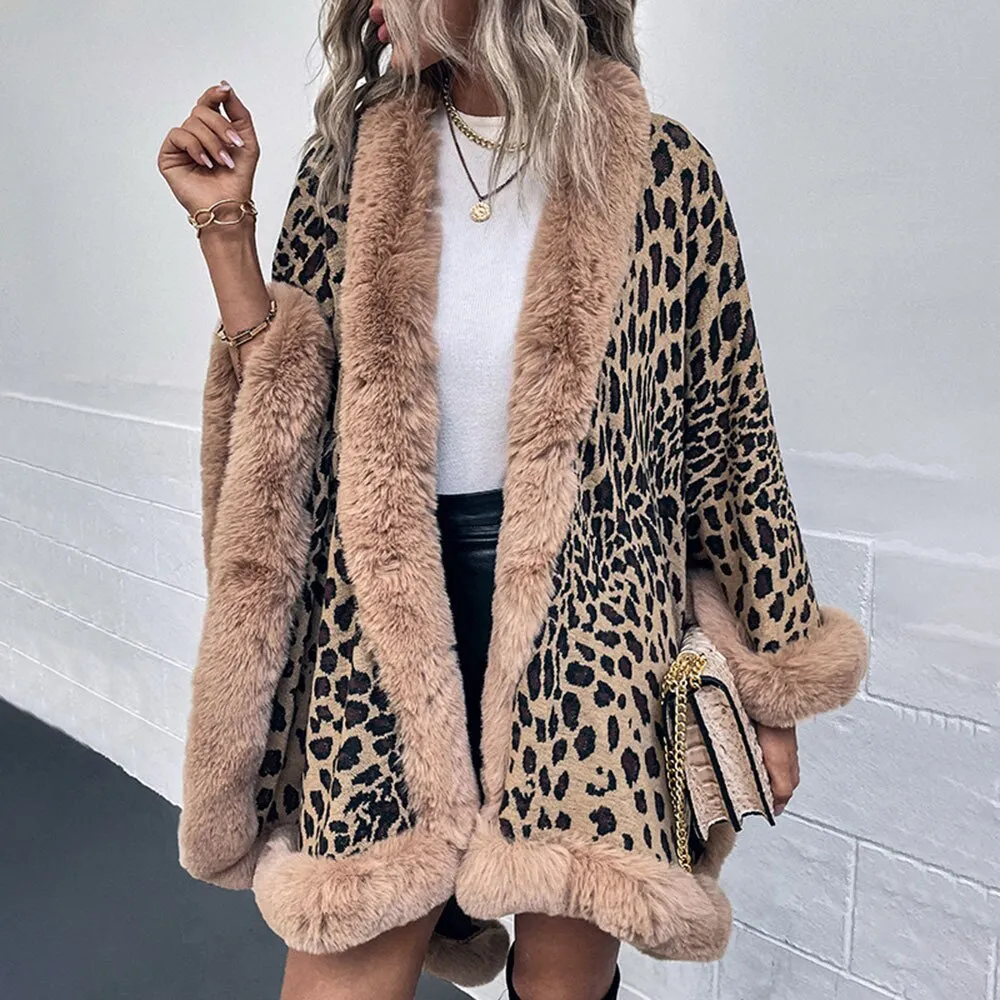 Leopard Print Fur Collar Cape Cardigan