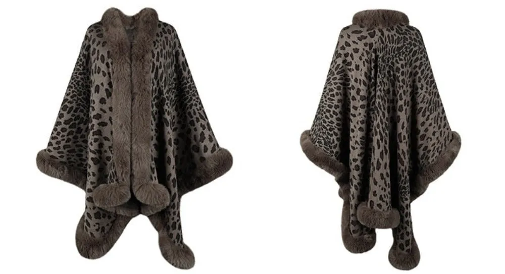 Leopard Print Fur Collar Cape Cardigan