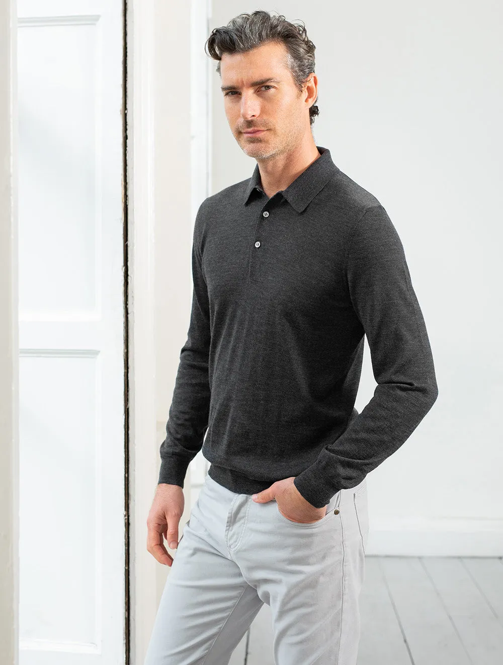 Long Sleeve Tennis Polo Charcoal