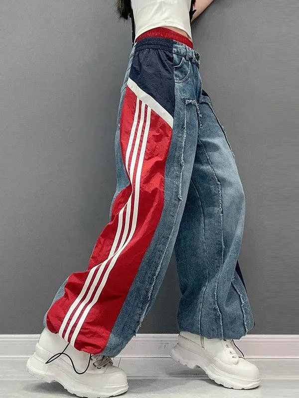 Loose Wide Leg Contrast Color Drawstring Jeans