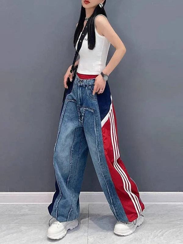 Loose Wide Leg Contrast Color Drawstring Jeans