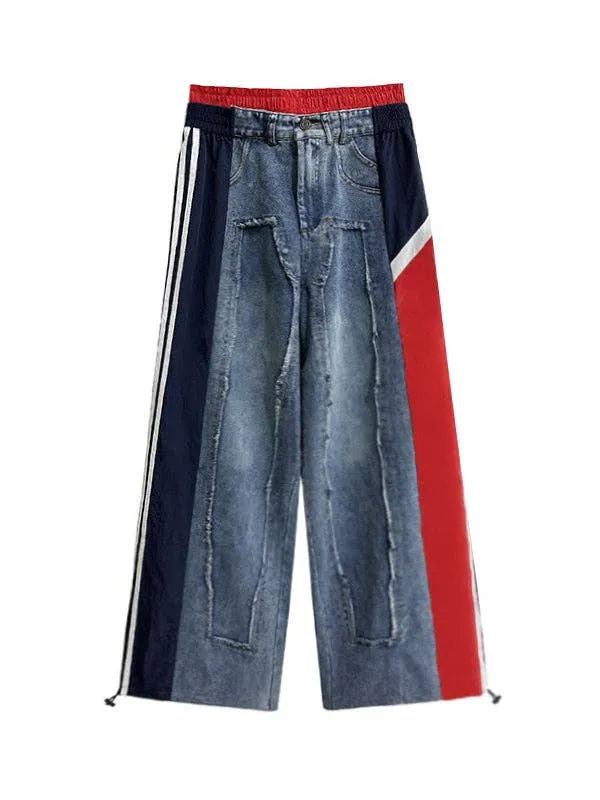 Loose Wide Leg Contrast Color Drawstring Jeans