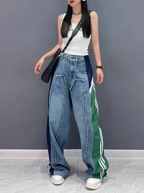 Loose Wide Leg Contrast Color Drawstring Jeans