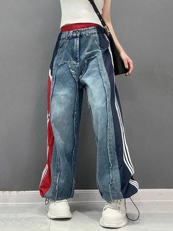 Loose Wide Leg Contrast Color Drawstring Jeans