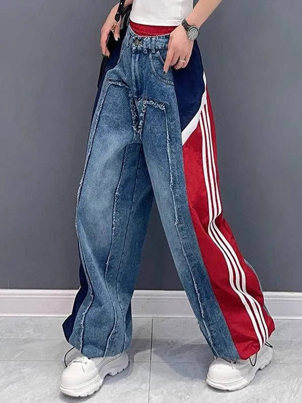 Loose Wide Leg Contrast Color Drawstring Jeans