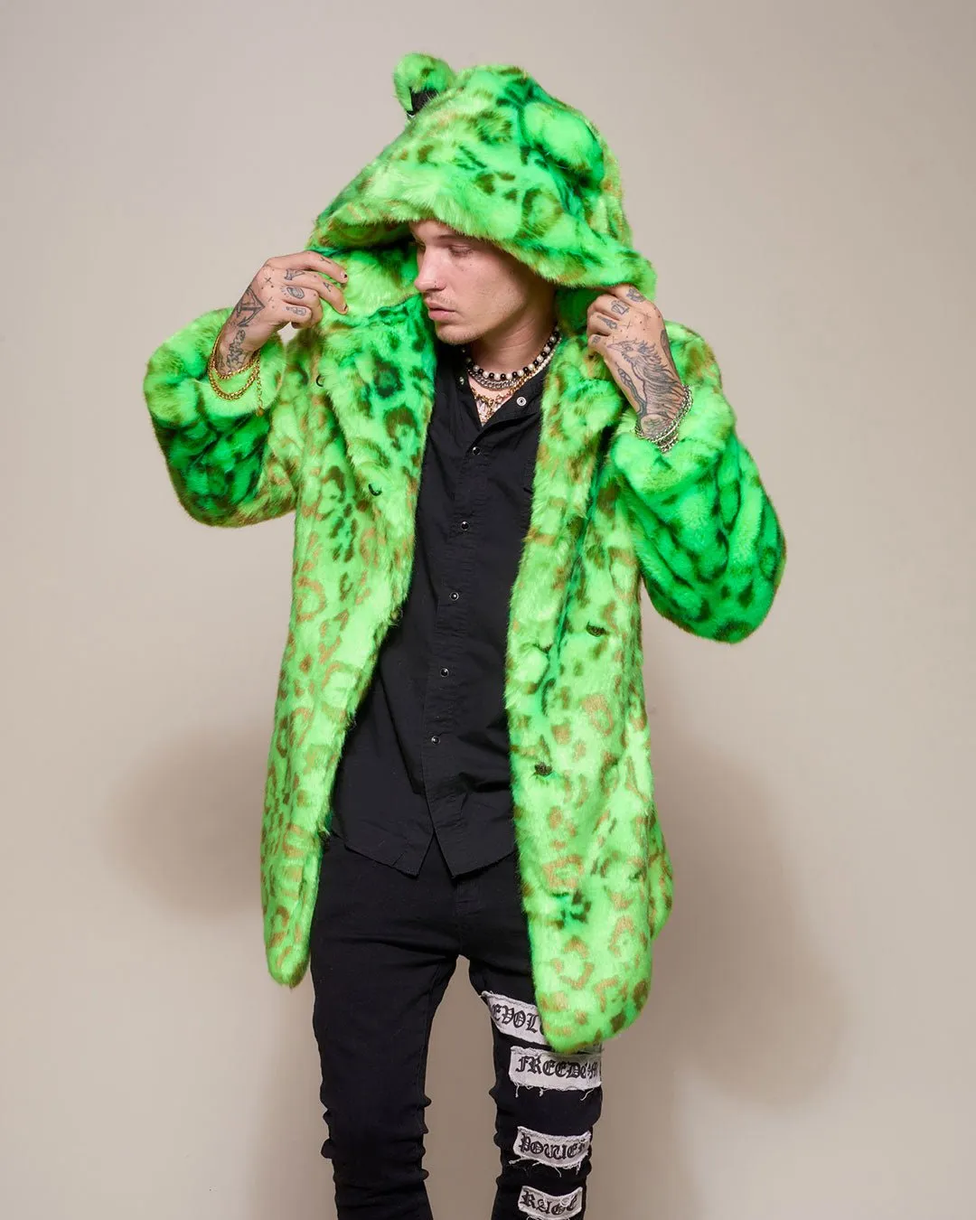 Neon Green Leopard Luxe Classic Faux Fur Coat | Men's