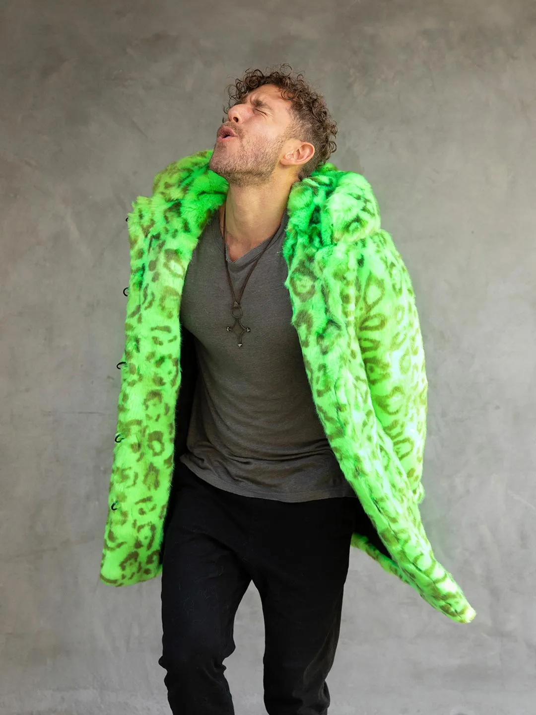 Neon Green Leopard Luxe Classic Faux Fur Coat | Men's