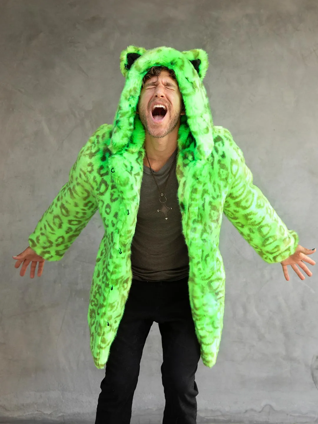 Neon Green Leopard Luxe Classic Faux Fur Coat | Men's