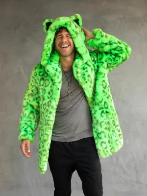 Neon Green Leopard Luxe Classic Faux Fur Coat | Men's