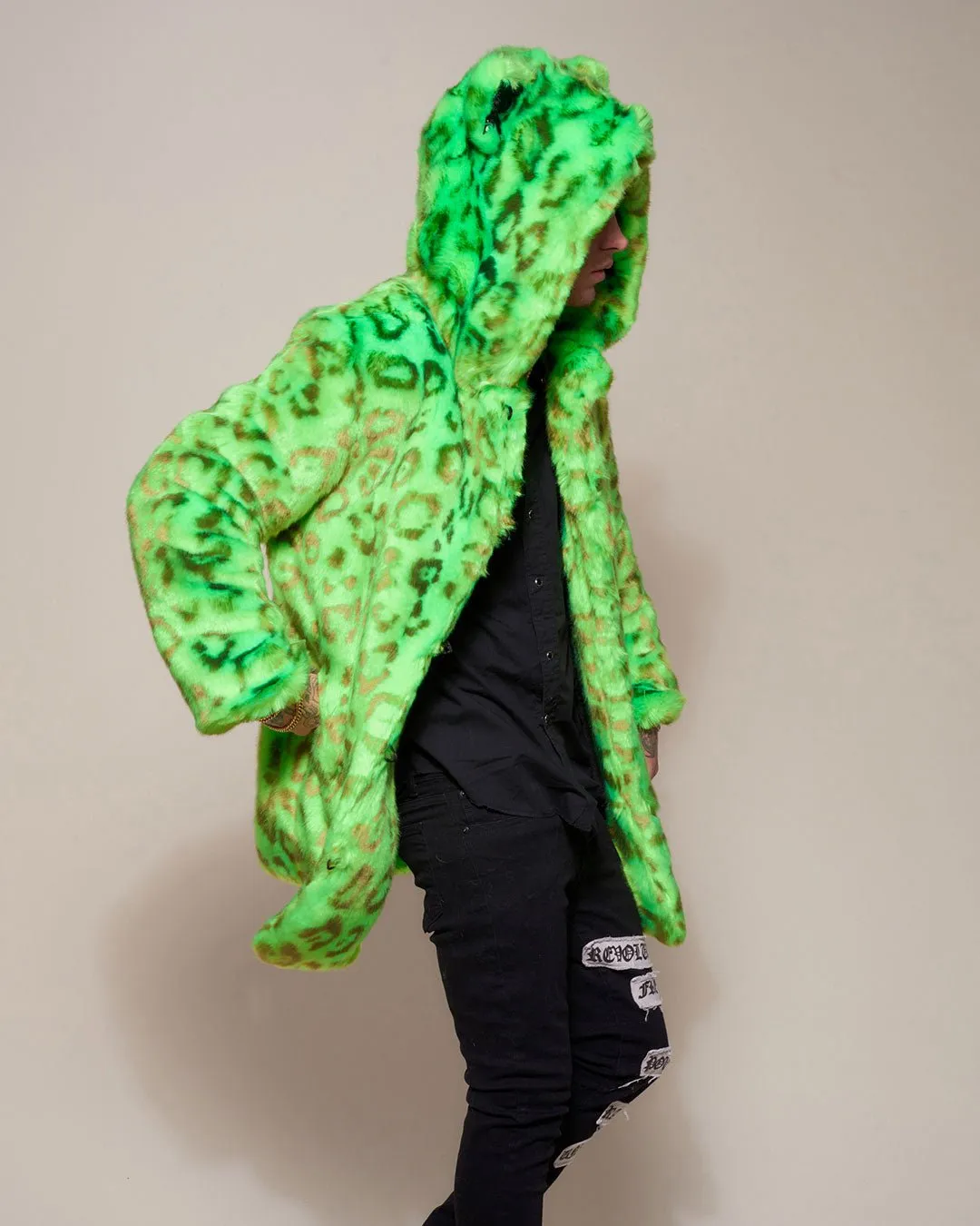 Neon Green Leopard Luxe Classic Faux Fur Coat | Men's