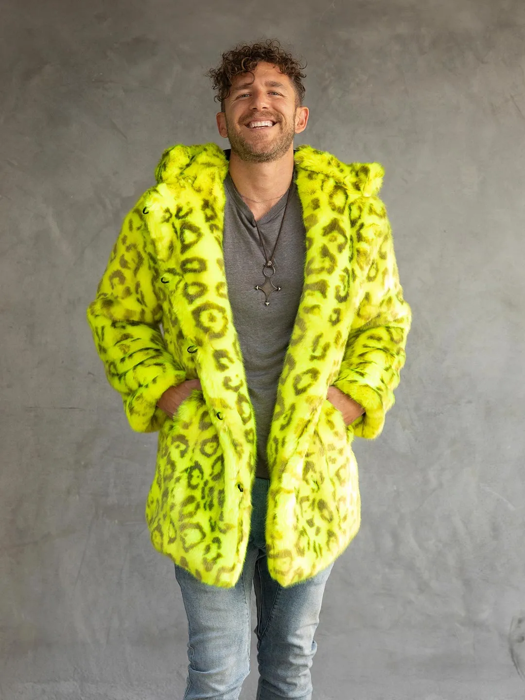 Neon Yellow Leopard Luxe Classic Faux Fur Coat | Men's