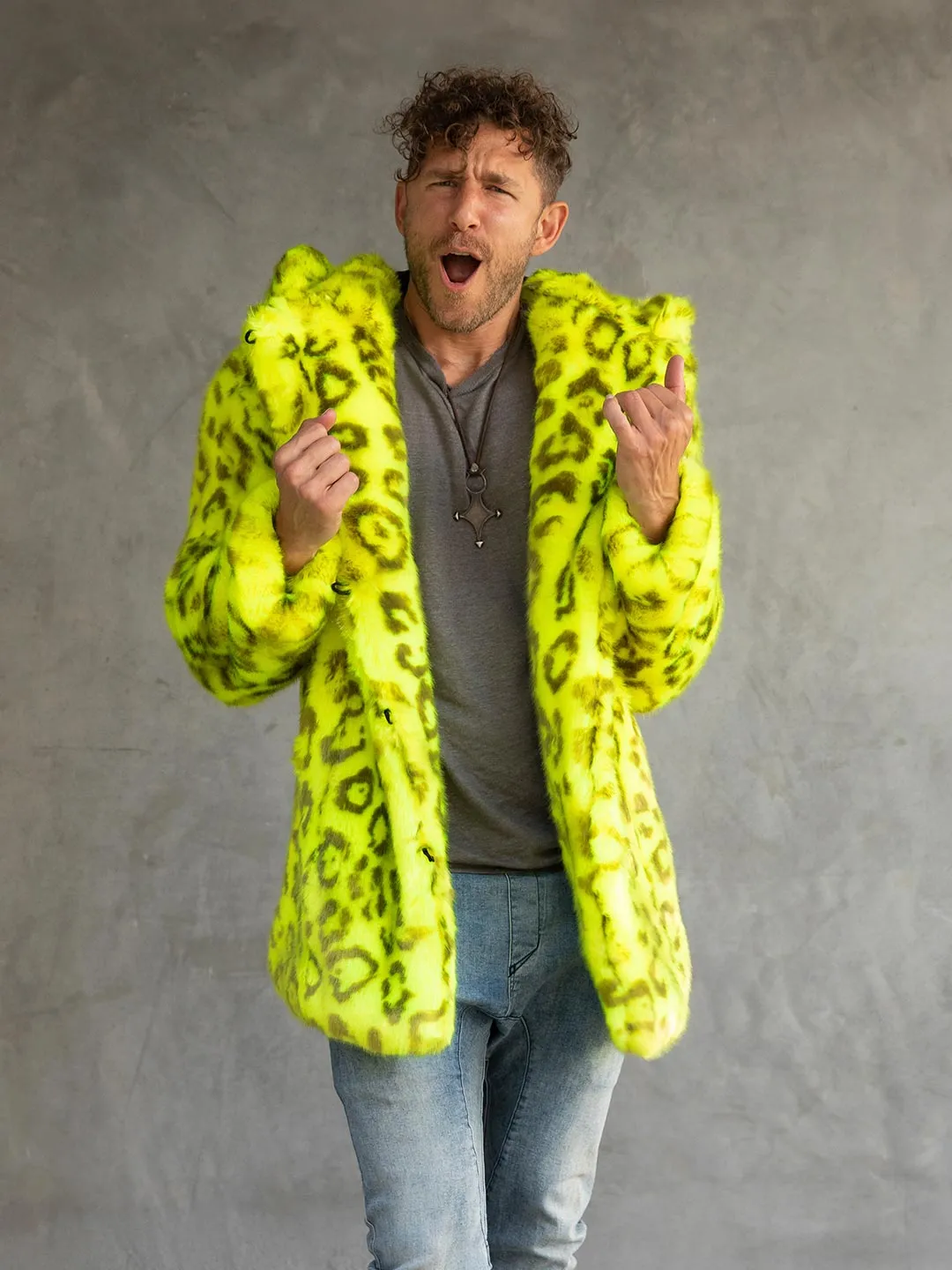 Neon Yellow Leopard Luxe Classic Faux Fur Coat | Men's