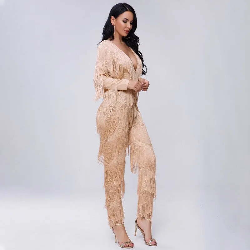 sd-hk Dark V Neck long Sleeve Jumpsuit With Tassels