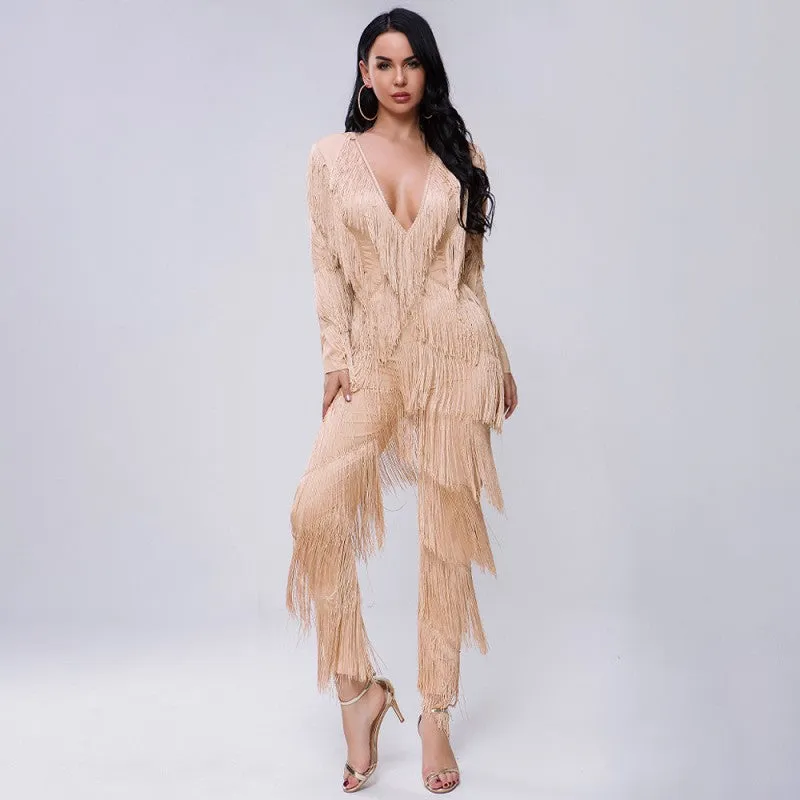 sd-hk Dark V Neck long Sleeve Jumpsuit With Tassels