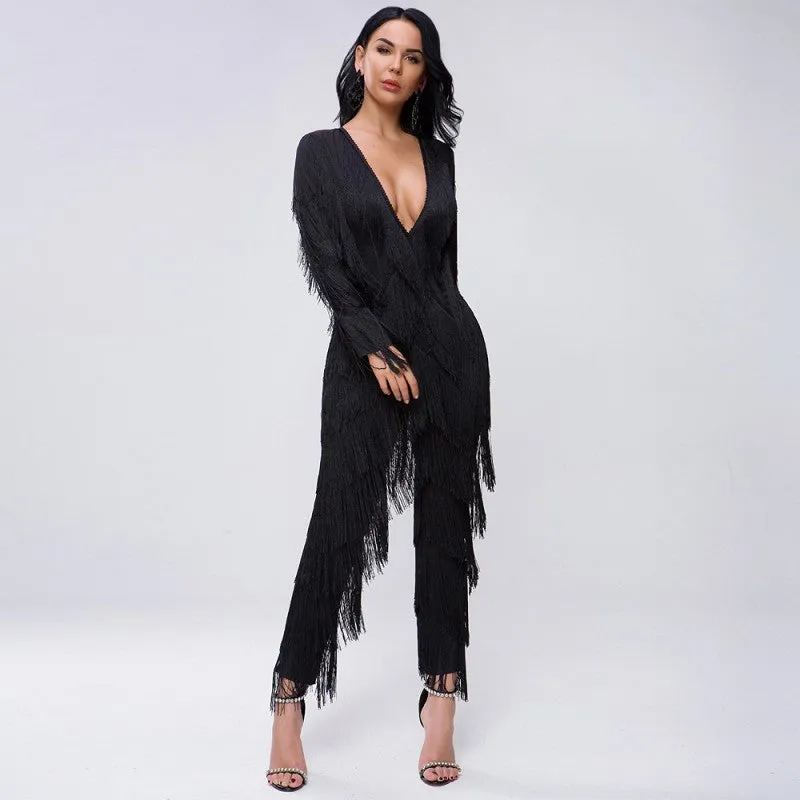 sd-hk Dark V Neck long Sleeve Jumpsuit With Tassels