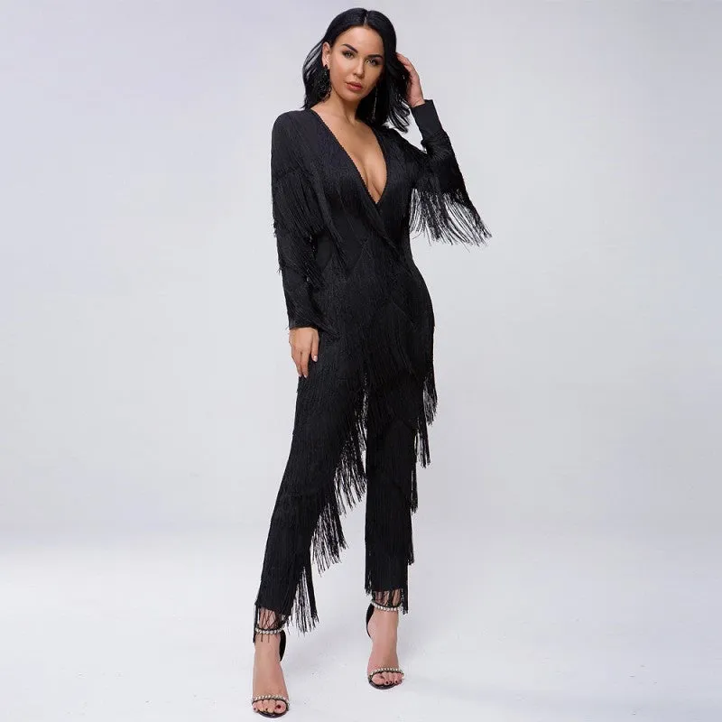 sd-hk Dark V Neck long Sleeve Jumpsuit With Tassels