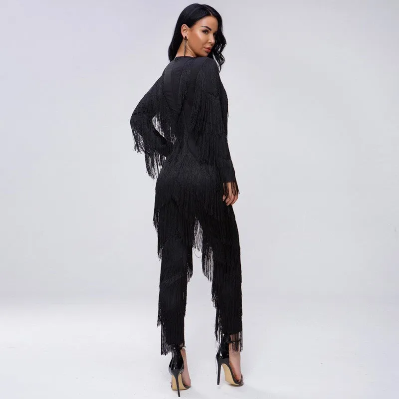 sd-hk Dark V Neck long Sleeve Jumpsuit With Tassels