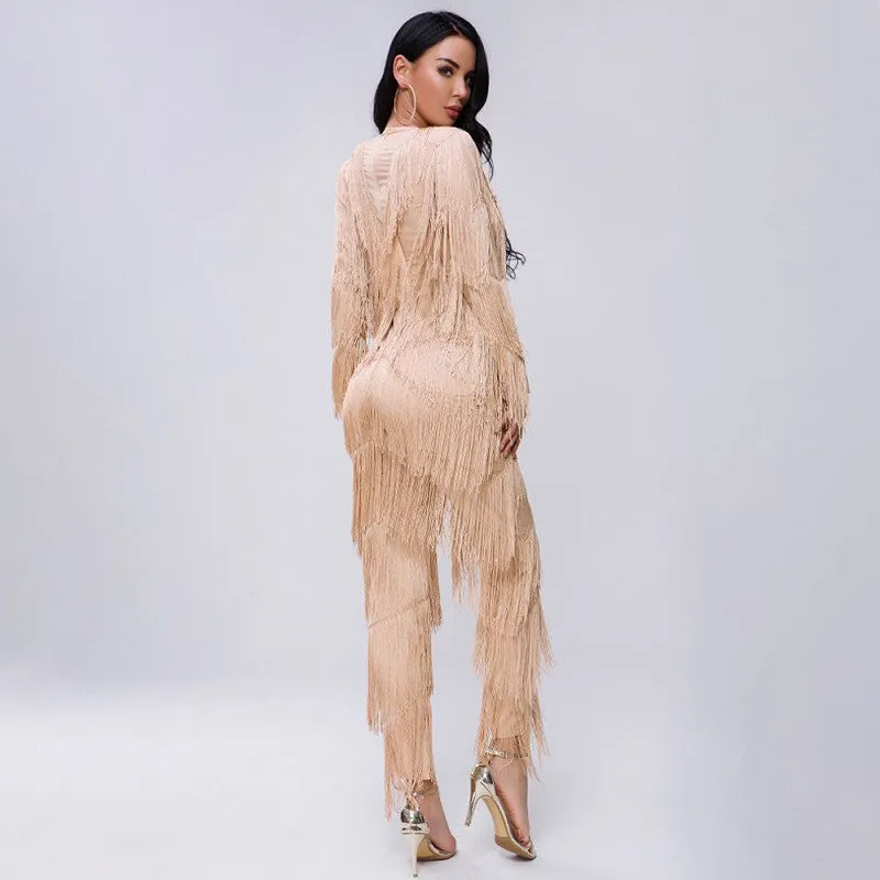 sd-hk Dark V Neck long Sleeve Jumpsuit With Tassels