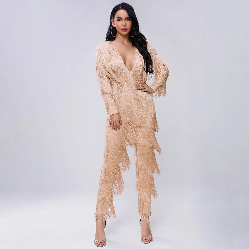 sd-hk Dark V Neck long Sleeve Jumpsuit With Tassels