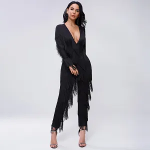 sd-hk Dark V Neck long Sleeve Jumpsuit With Tassels