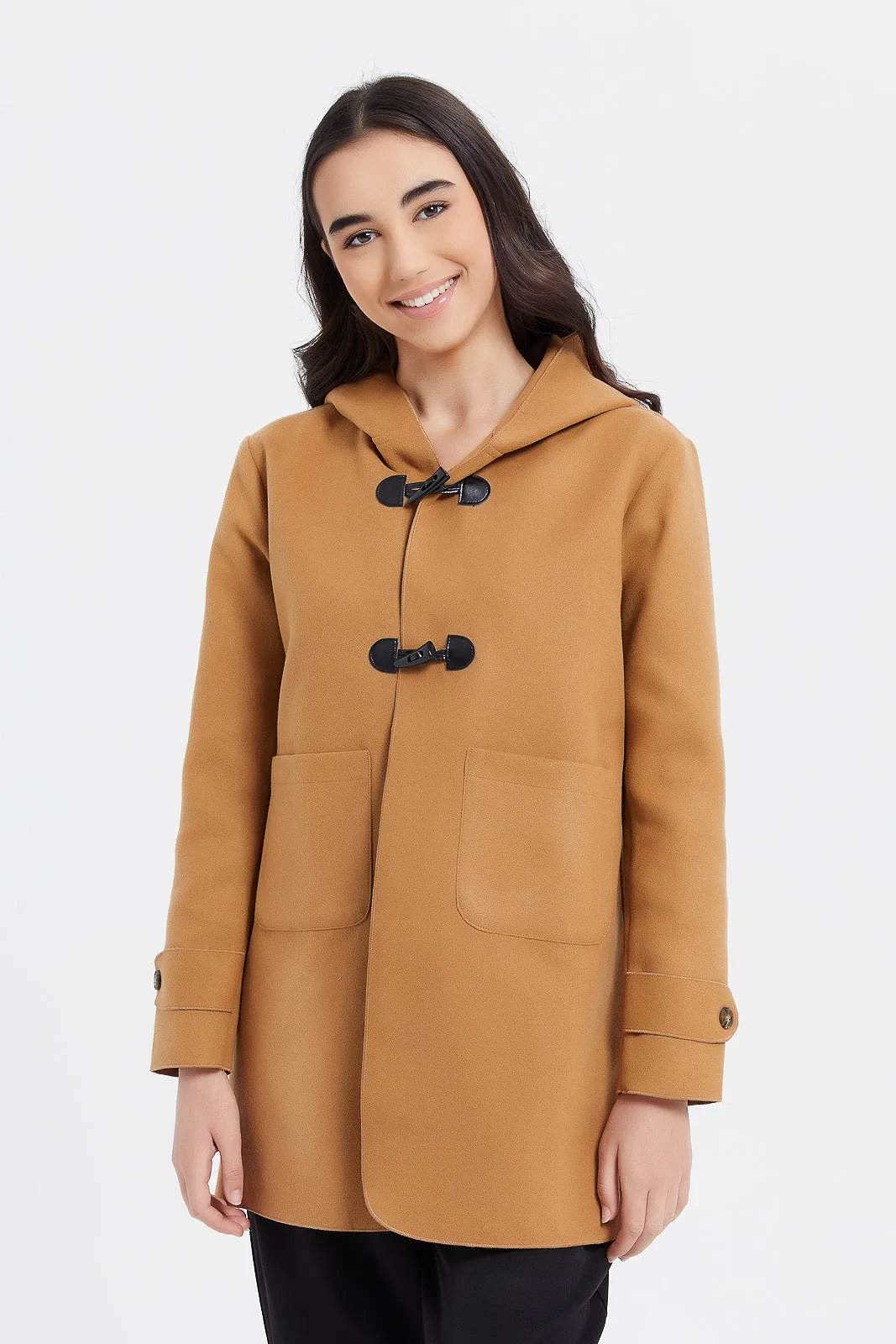 Senior Girls Brown Duffle Coat With Hoody