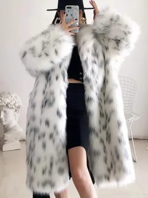 Stylish Women's Snow Leopard Print Faux Fur Winter Jacket