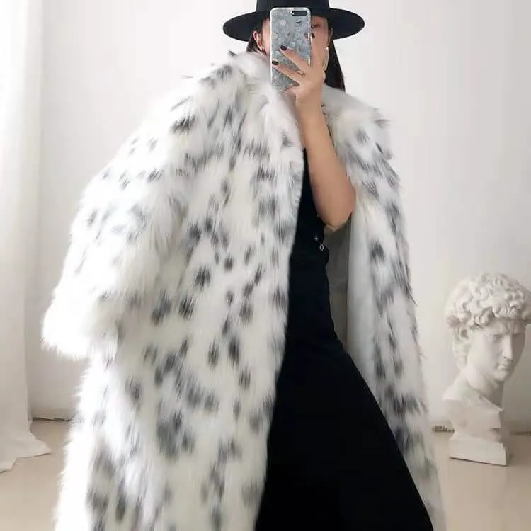 Stylish Women's Snow Leopard Print Faux Fur Winter Jacket