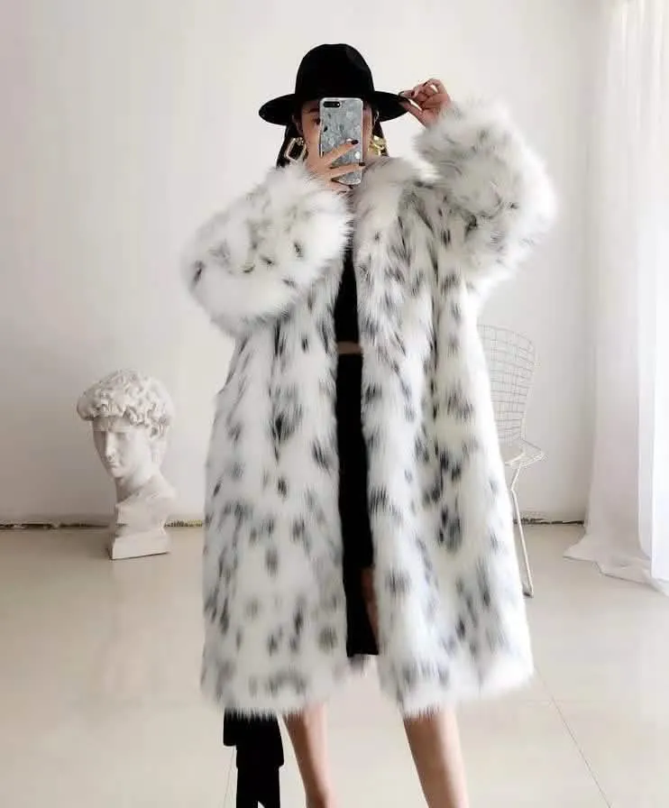 Stylish Women's Snow Leopard Print Faux Fur Winter Jacket